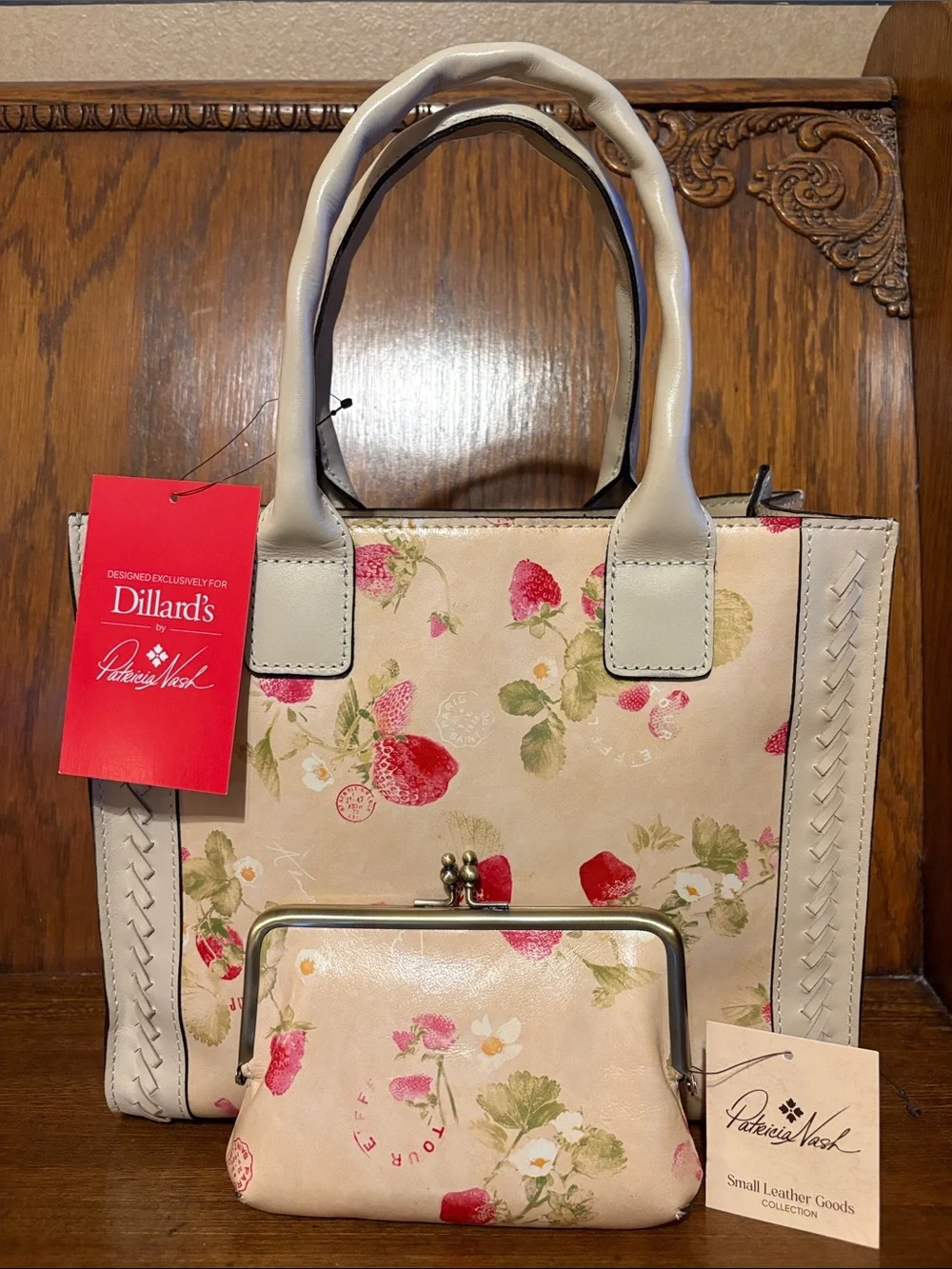 NWT-Patricia Nash-SET-Curry Tote, Fira Frame Wallet & Bag Charm-Strawberry-$337